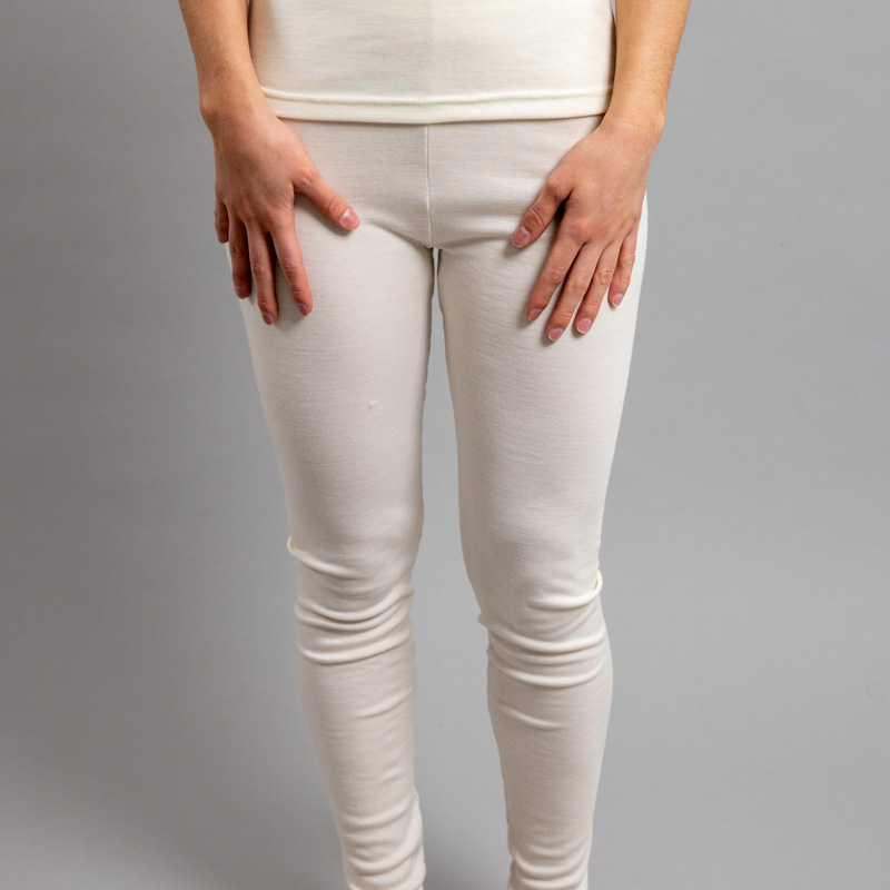 Female wearing White SPLJ Merino Skins – Unisex Long John / Pant