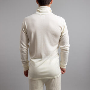 Male wearing White SPZ Merino Skins – Unisex Long Sleeve Half Zip Front