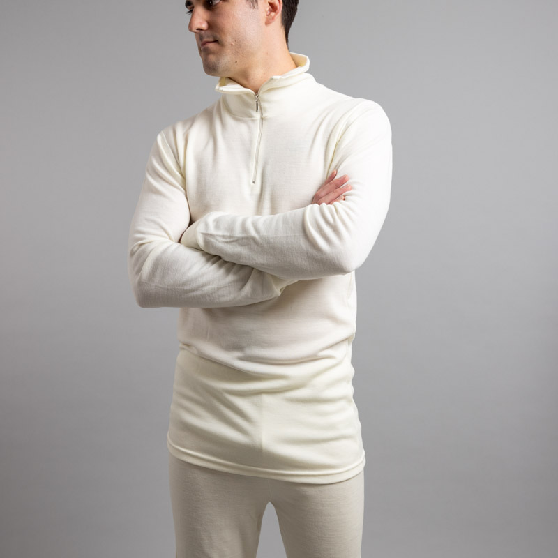 Male wearing White SPZ Merino Skins – Unisex Long Sleeve Half Zip Front
