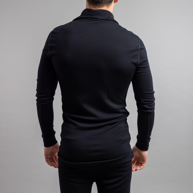 Male wearing Black SPZB Merino Skins – Unisex Long Sleeve Half Zip Front