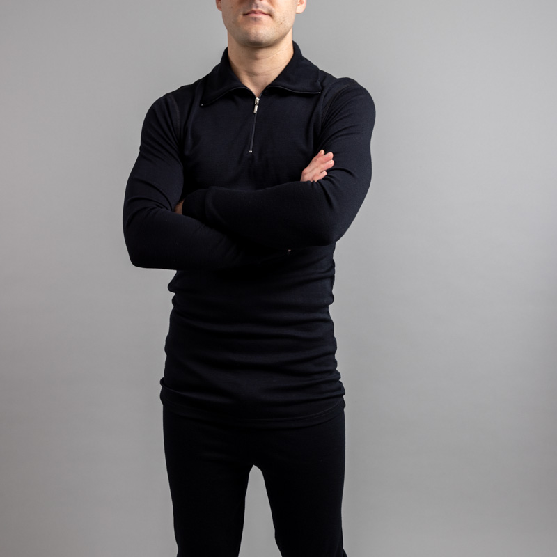 Male wearing Black SPZB Merino Skins – Unisex Long Sleeve Half Zip Front