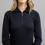 Lady wearing Black SPZB Merino Skins – Unisex Long Sleeve Half Zip Front